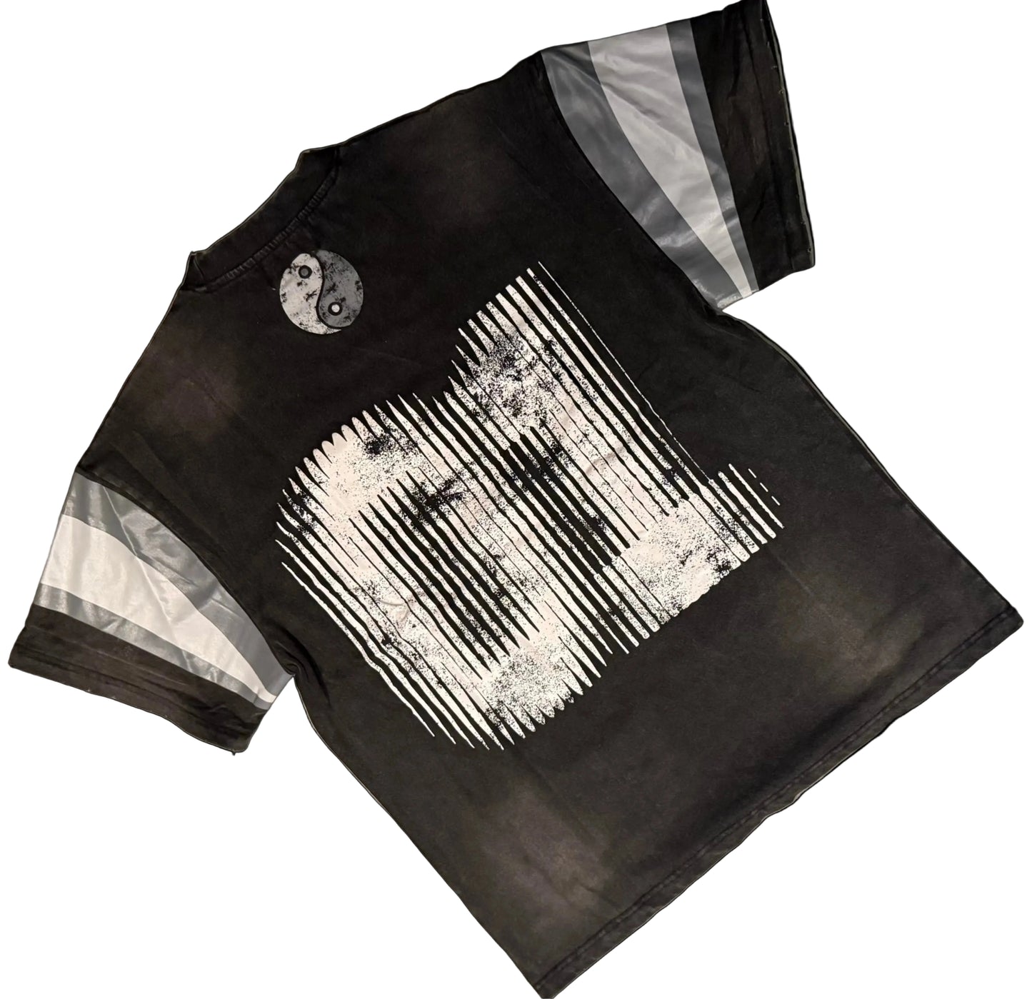 A black short-sleeve t-shirt with a distressed white graphic on the front and striped sleeve details, laid flat against a solid black background.